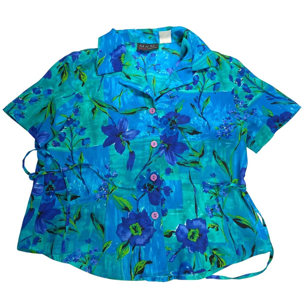 MHM Melissa Harper Blouse Women's S/M Blue Floral Short Sleeve Button Up Vintage